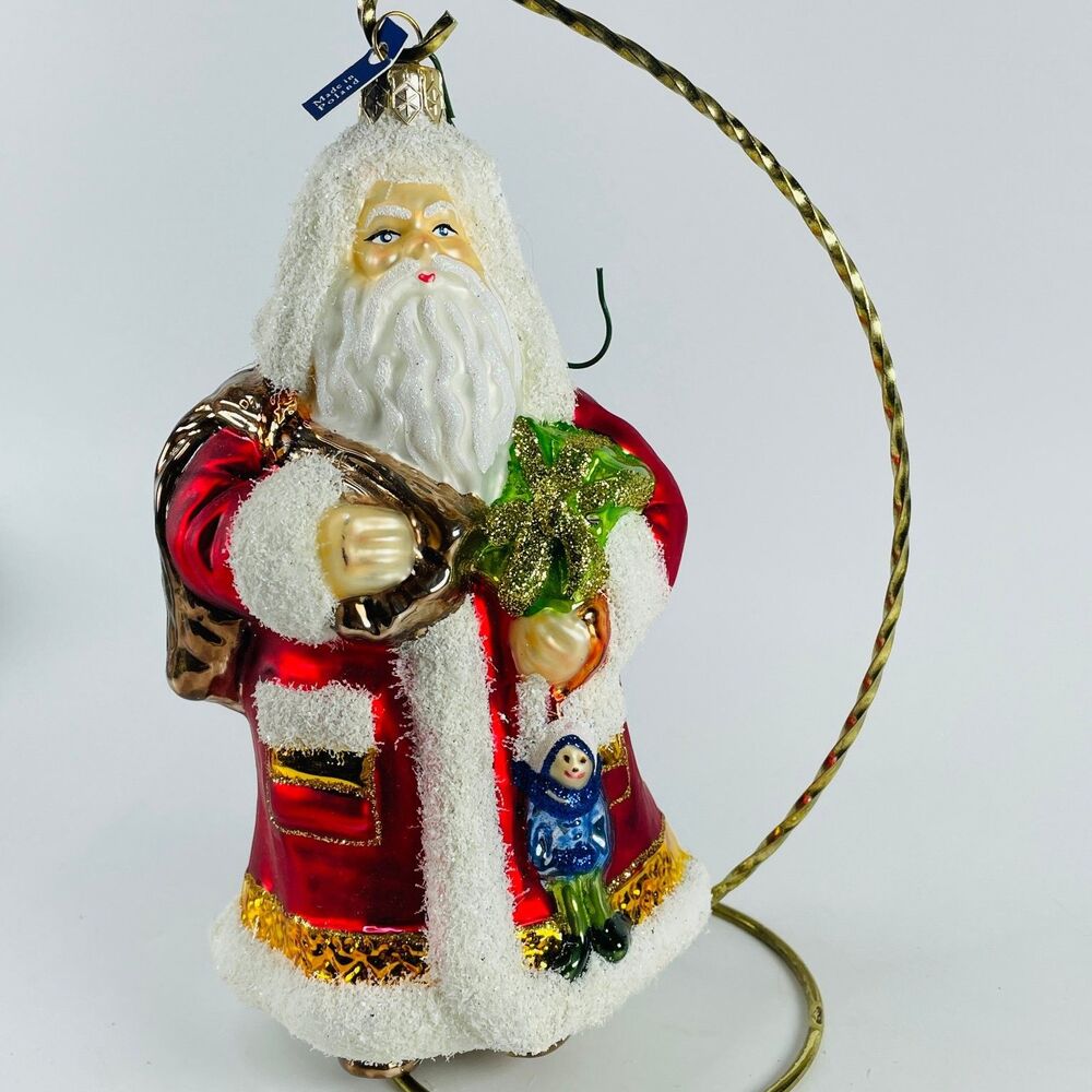 Polish Glass Santa Claus Ornament 7 Inch Hand Painted Glitter Red Gold Christmas